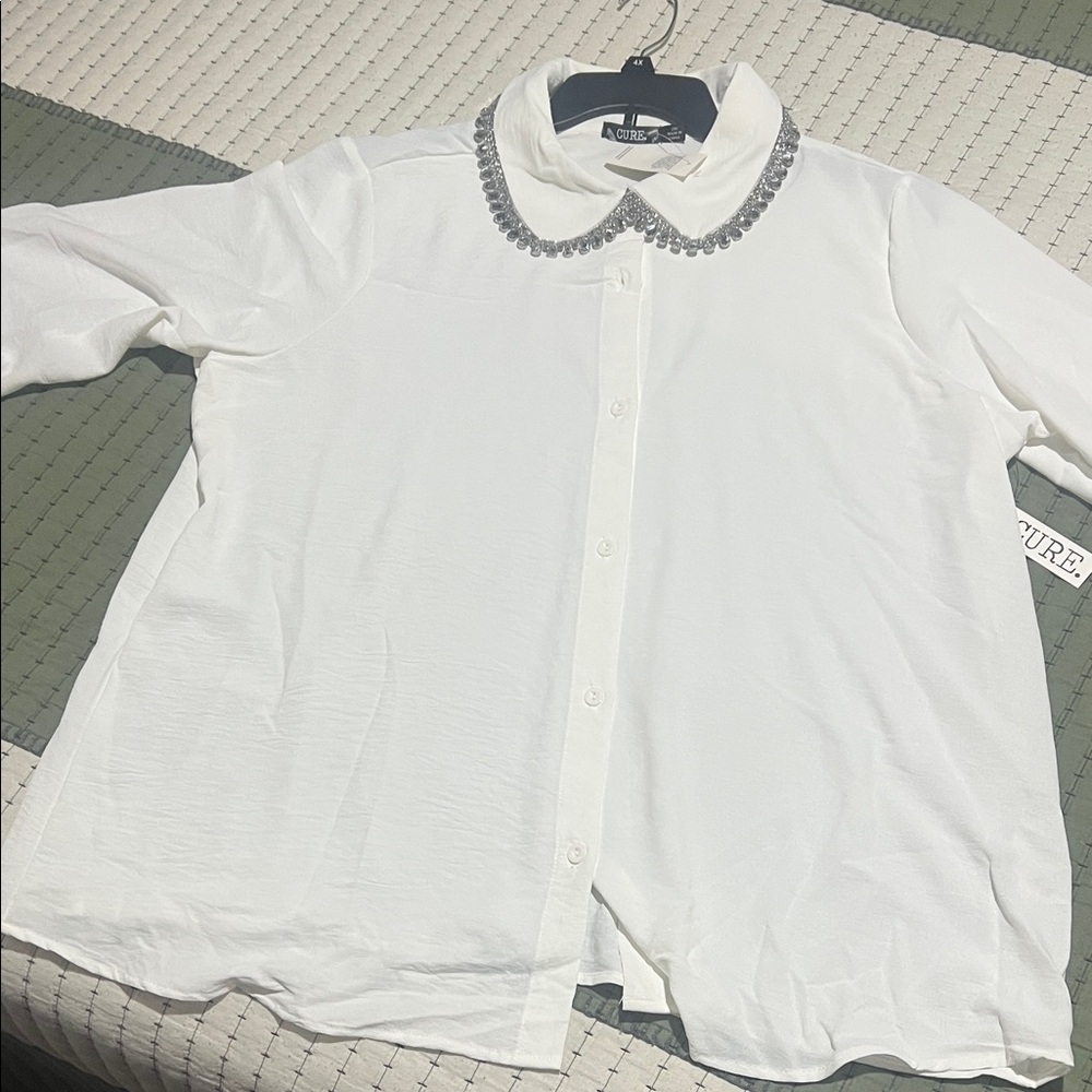 Embellished White Button Down Shirt